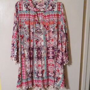 Umgee Vibrant Multicolor Floral Dress with Lace Edging, Size S